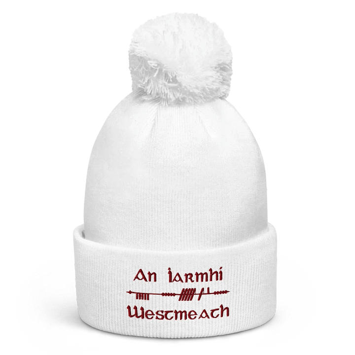 Westmeath/An Iarmhí Scholastic style Ogham, white with maroon, embroidered Pom-Pom Beanie product image (1)