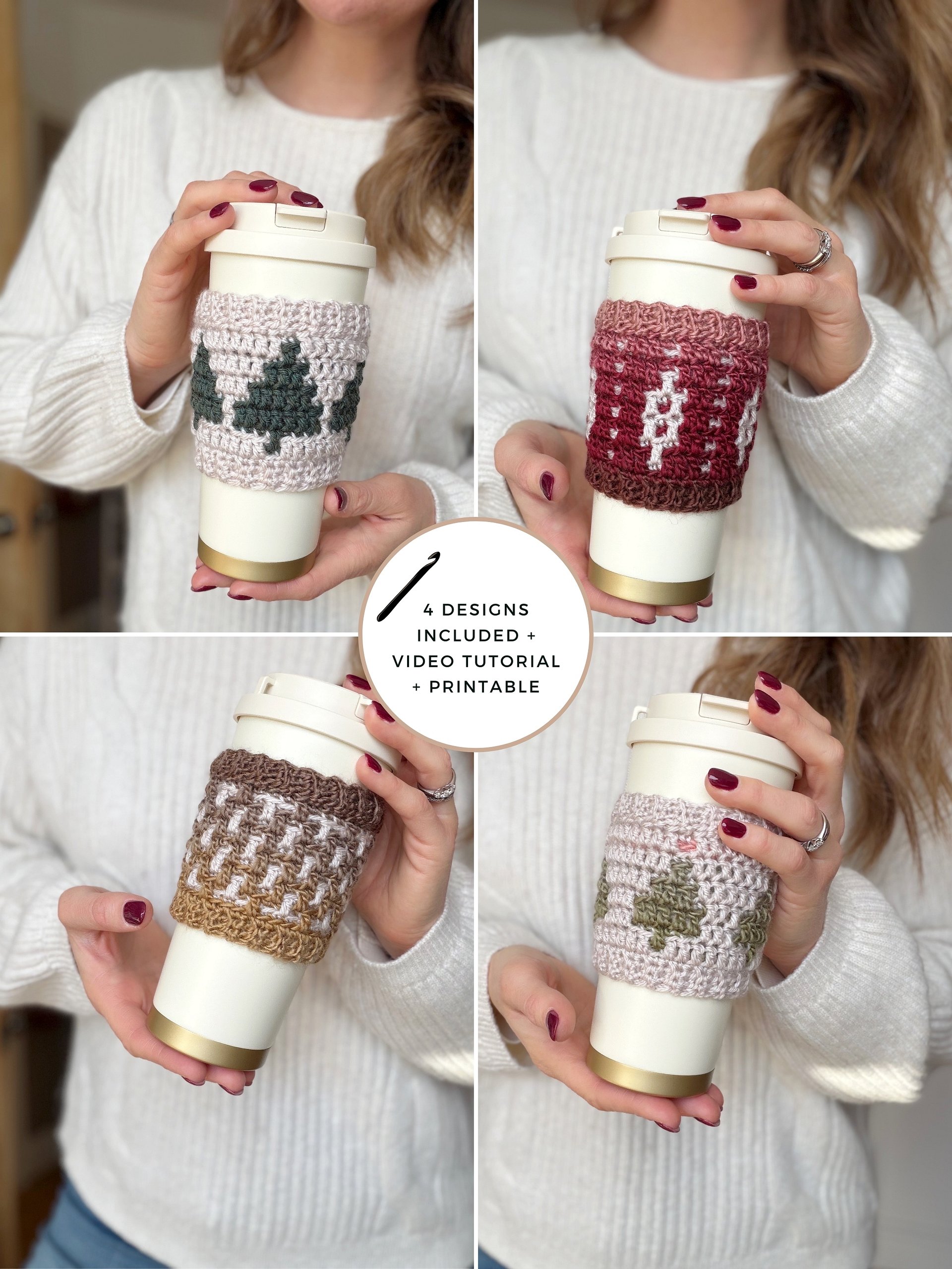 CROCHET PATTERN + VIDEO Holiday Coffee Cup Sleeve - 4 designs, Winter Mug Cozy Pdf, Christmas Trees & Festive printable product image (1)