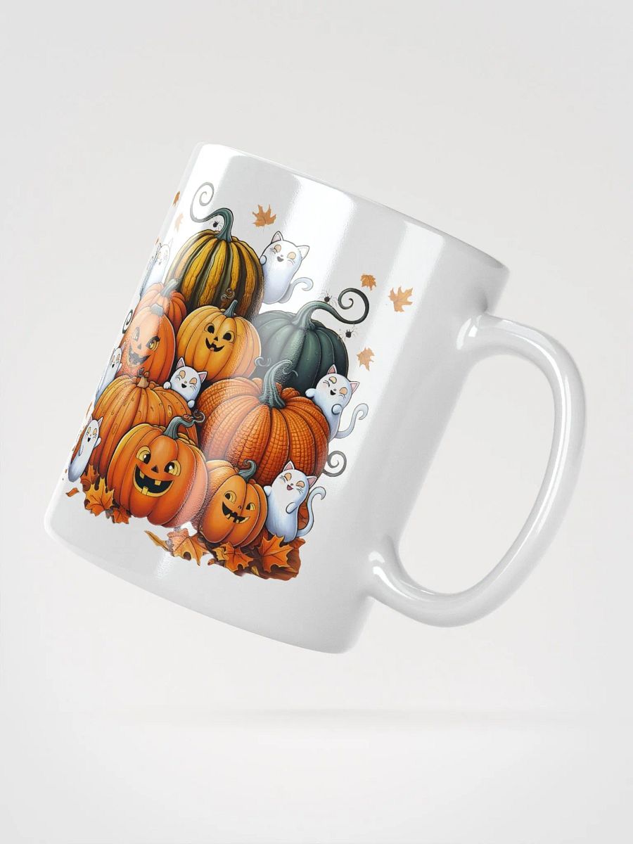 Halloween Pumpkins with Ghost Cats, Bats and Spiders White Glossy Ceramic Mug product image (2)