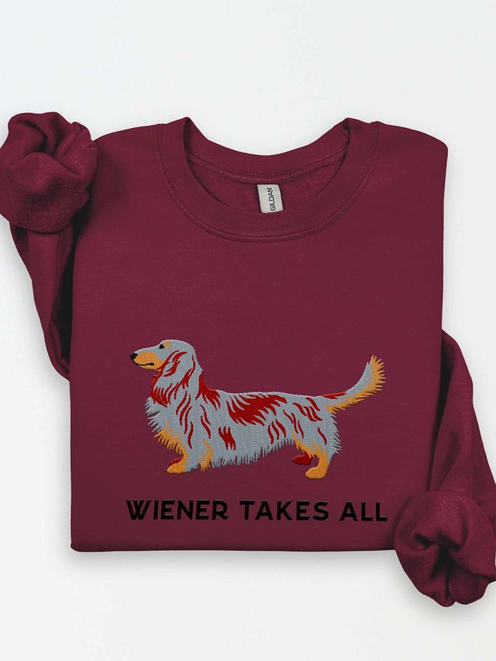 Wiener Takes All Sweatshirt (Embroidered) of a Longhaired Dachshund(Red Dapple) product image (1)