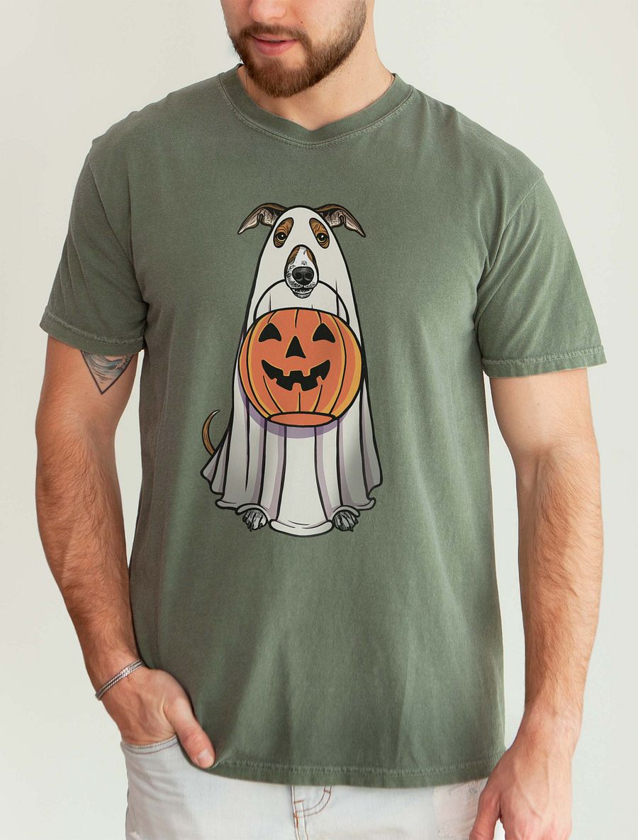 Funny Halloween Italian Greyhound(Sable) T-Shirt | Funny Iggy Wearing a Ghost Costume and Holding a Pumpkin Basket product image (9)