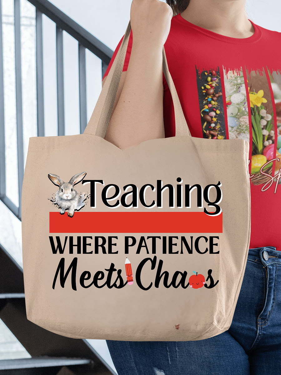 Bunny Teaching Where Patience Meets Chaos, Teacher Eco Tote Bag - Cream product image (1)