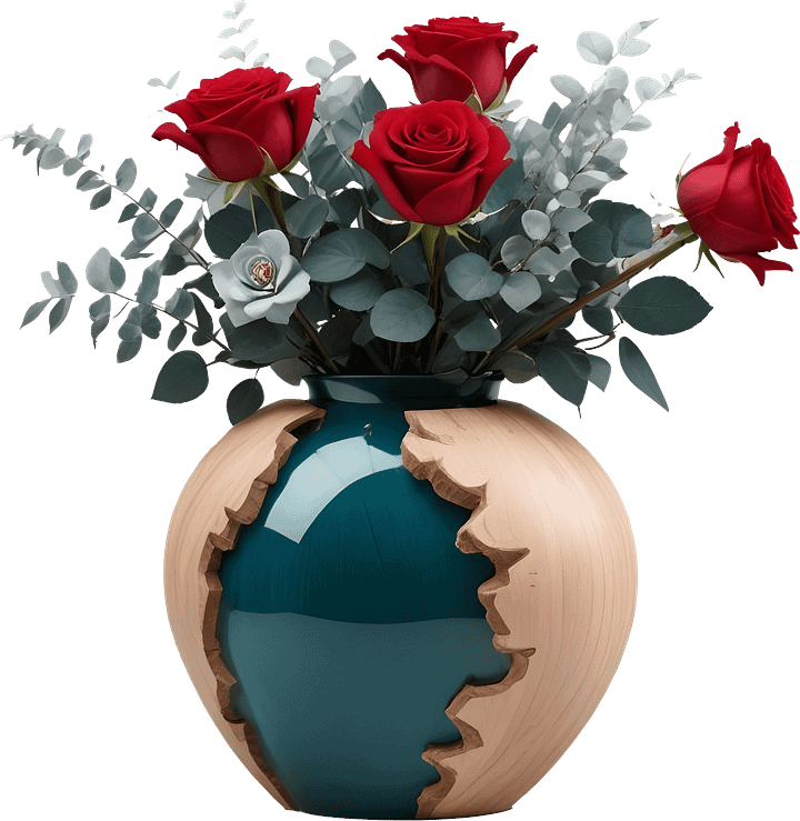 Intricate Carved Wooden Vase with Red and White Roses PNG product image (1)