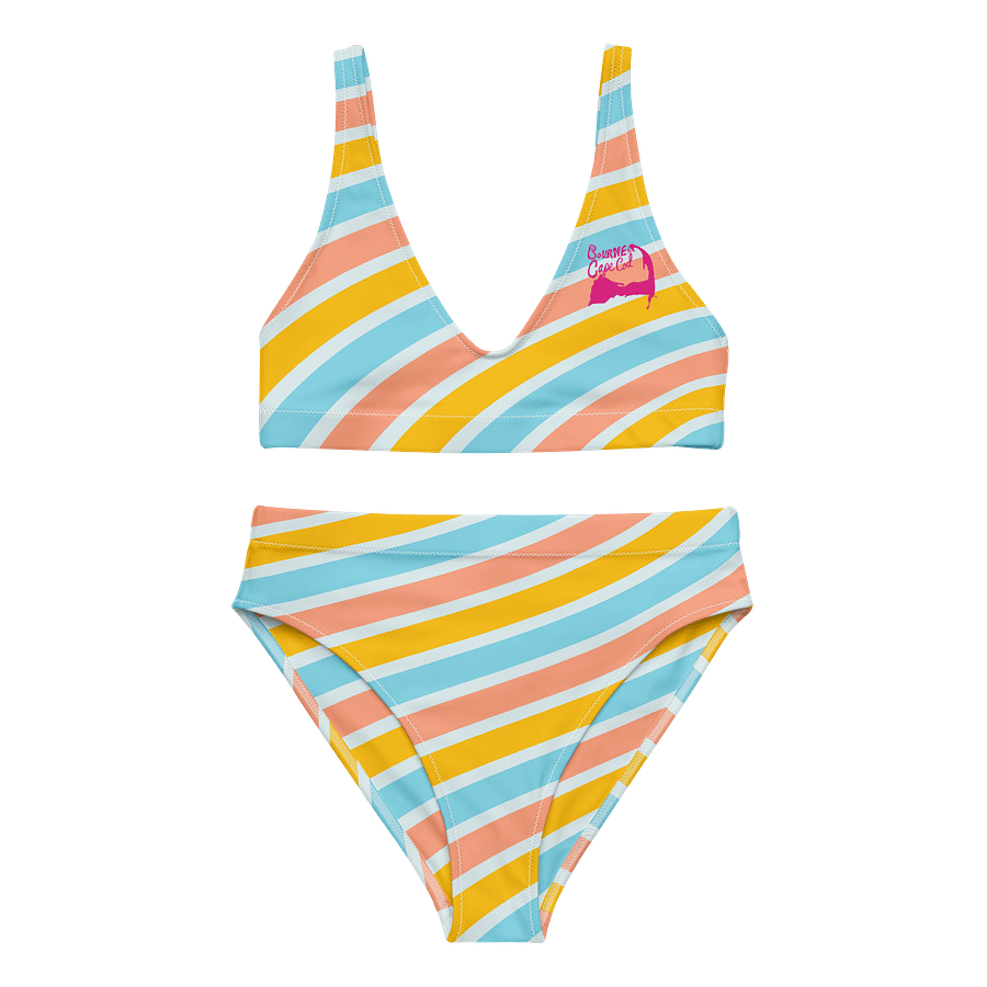 Women's High-Waisted | Recycled Bikini | BOURNE to Cape Cod™ | Pink Logos on Bright Stripes product image (2)
