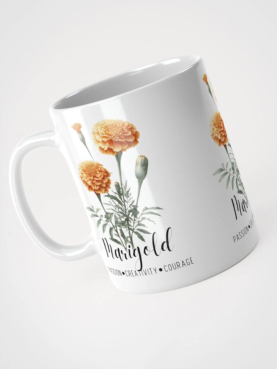 Marigold Ceramic White Mug: Passion, Creativity, Courage October Birth Month Flower product image (5)