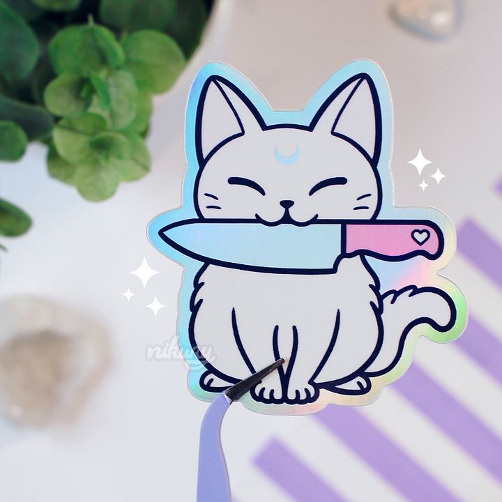 Holographic White Stabby Cat Sticker product image (2)