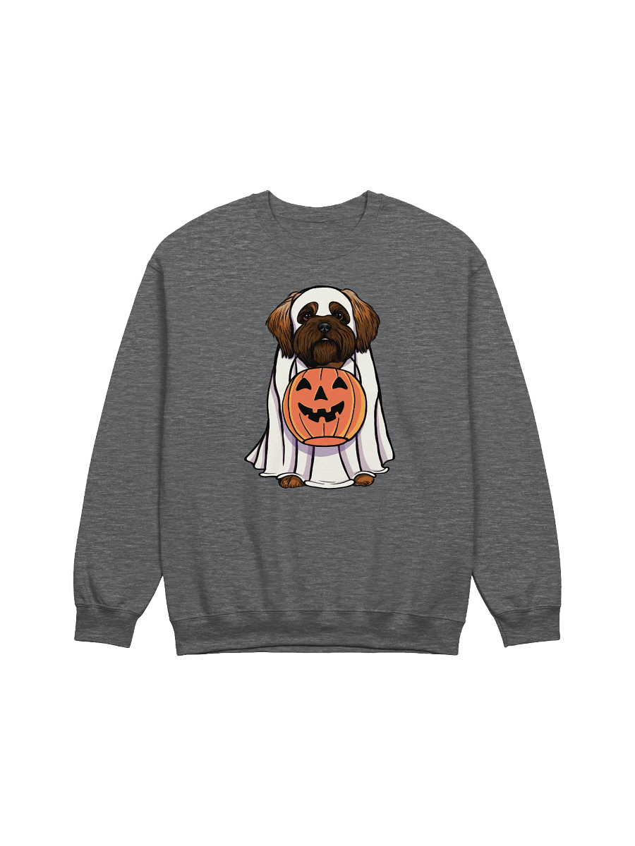 Funny Halloween Shih Tzu(Red Mask) Sweatshirt | Funny Dog Wearing a Ghost Costume and Holding a Pumpkin Basket product image (7)