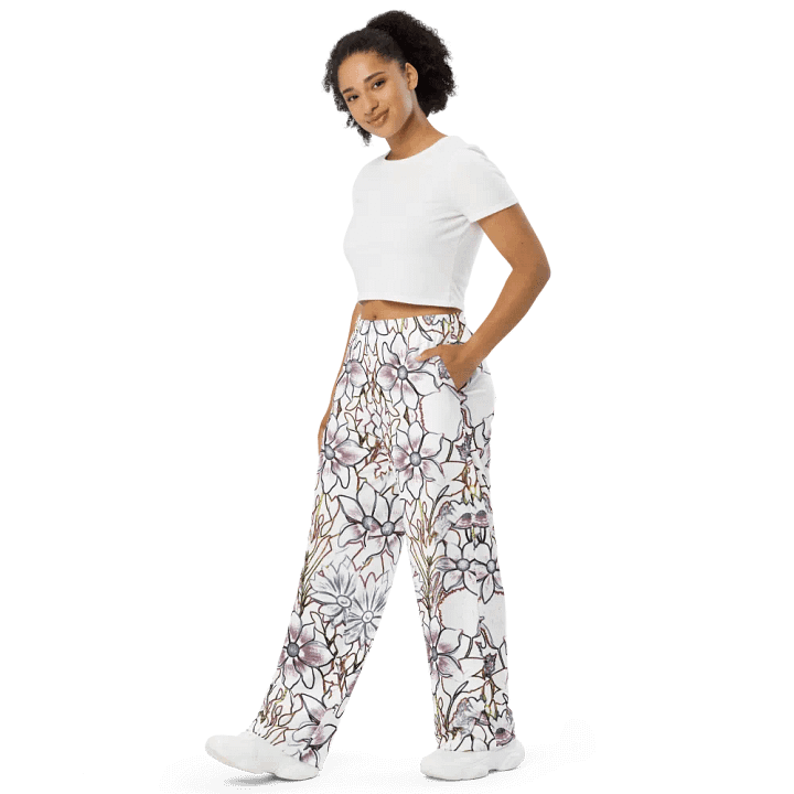 Line Art Floral Brown and White/All-Over Print Wide Leg Pants by Sublicolor product image (2)