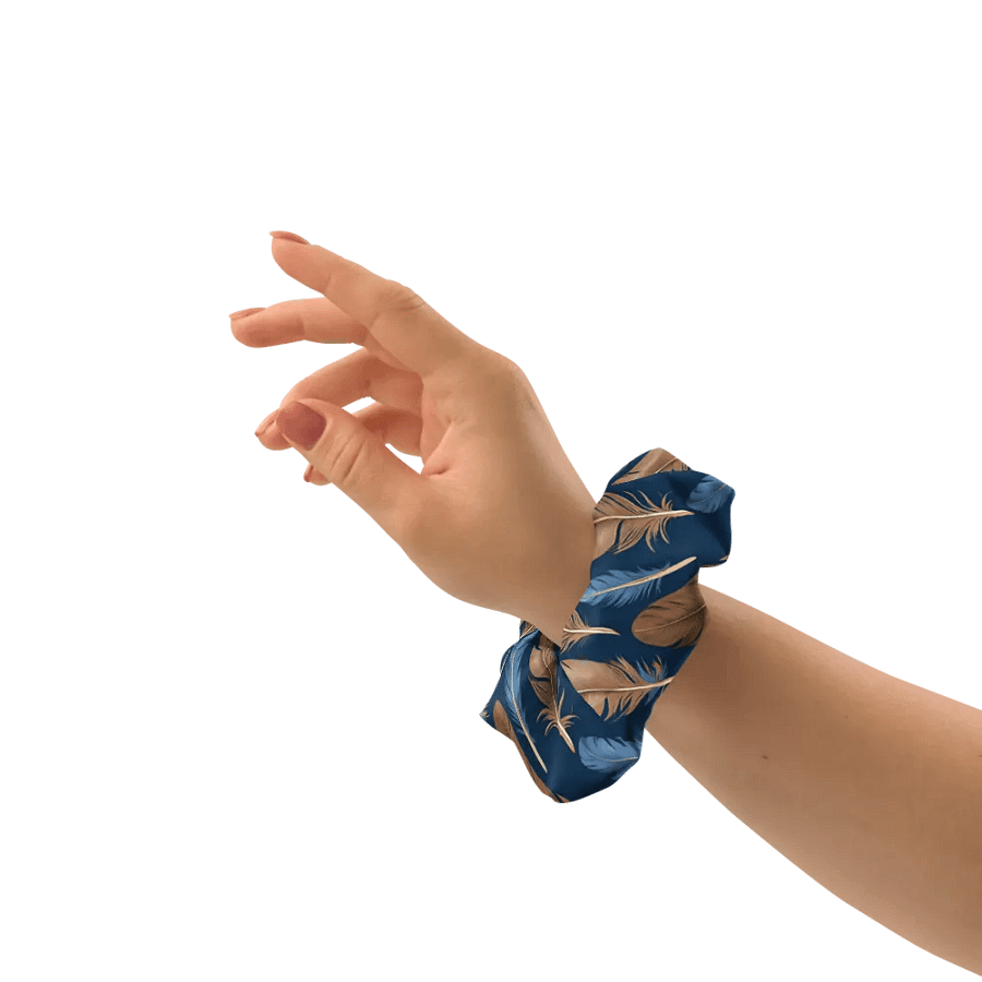 Hair Scrunchie - Blue and Brown Feathers on Blue Background product image (8)