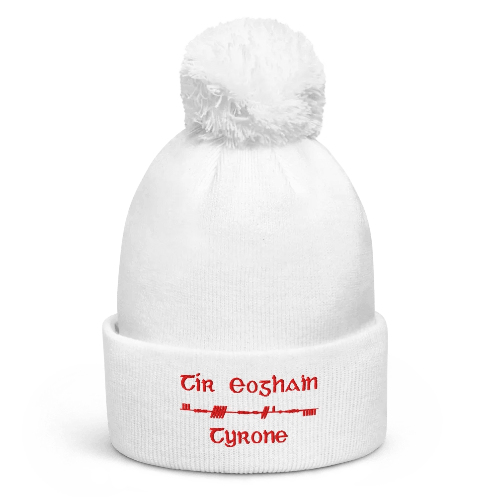 Tyrone/Tír Eoghain Scholastic style Ogham, white with red, embroidered Pom-Pom Beanie product image (1)