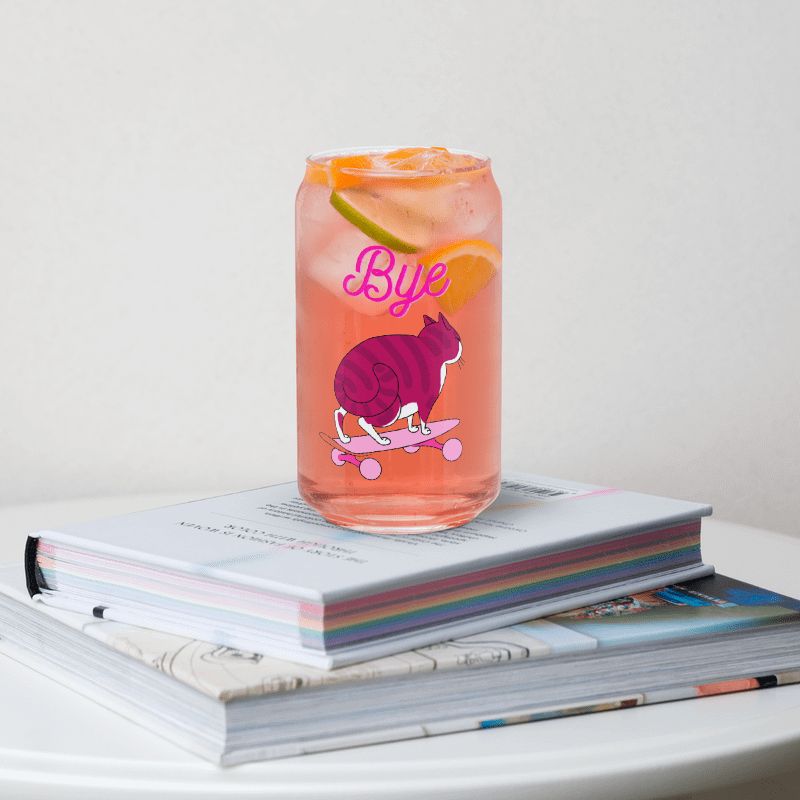 "Bye" Pink Skater Cat Can-Shaped Glass with or without Lid & Straw product image (9)