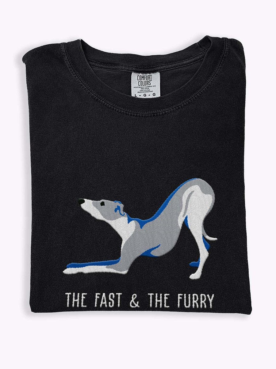 The Fast & The Furry T-Shirt(Embroidered) of an Italian Greyhound(Blue & White) product image (1)