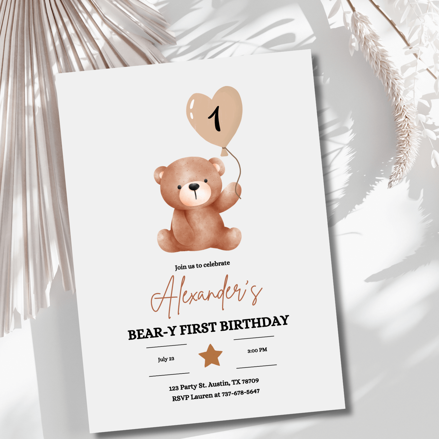Bear-y First Birthday Invitation | Teddy Bear Birthday Invite | Editable Canva Template product image (6)