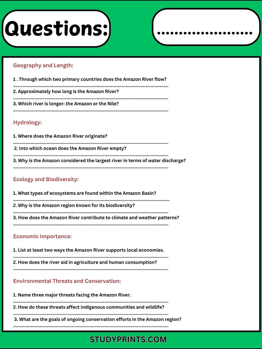 Amazon River Reading Comprehension Worksheet with Questions & Answers product image (2)