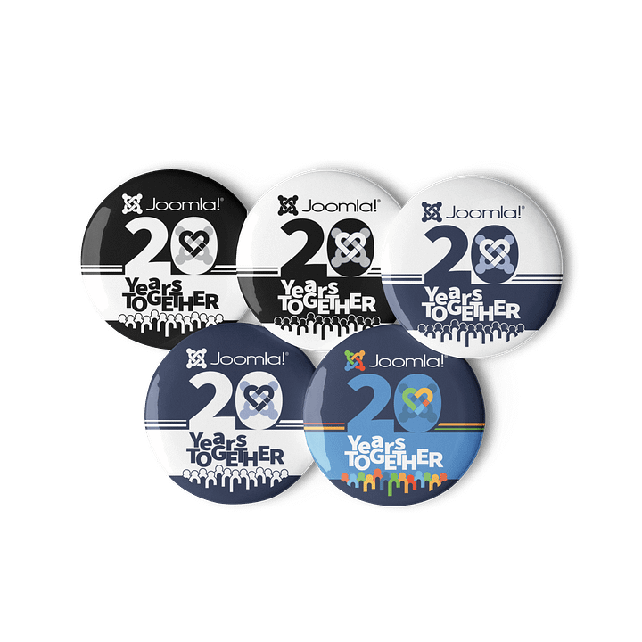 Joomla! 20th Anniversary Edition<br /> — Set of Pin Buttons — <br />2.25″ (56.25 mm) product image (1)