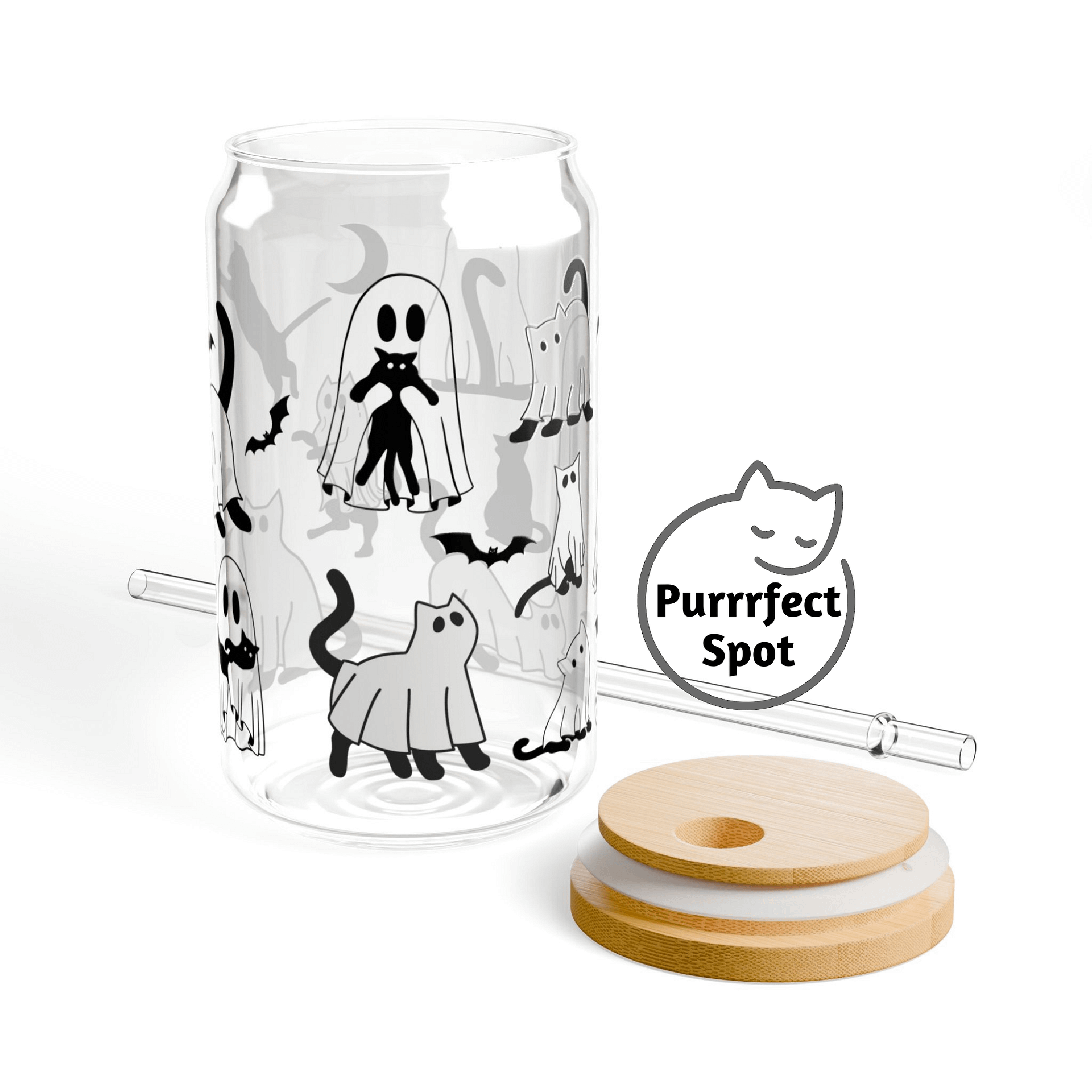 Ghost Cats 16oz Glass Can Cup – Spooky Cute Cat Cup 🐾👻🦇 product image (3)