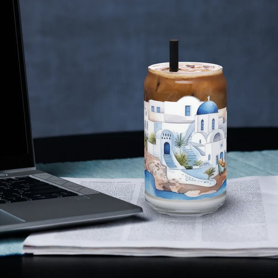 Santorini Dreaming Glass Can Tumbler | 16oz | Greek-Inspired Beverage Glass with Bamboo Lid & Straw product image (3)