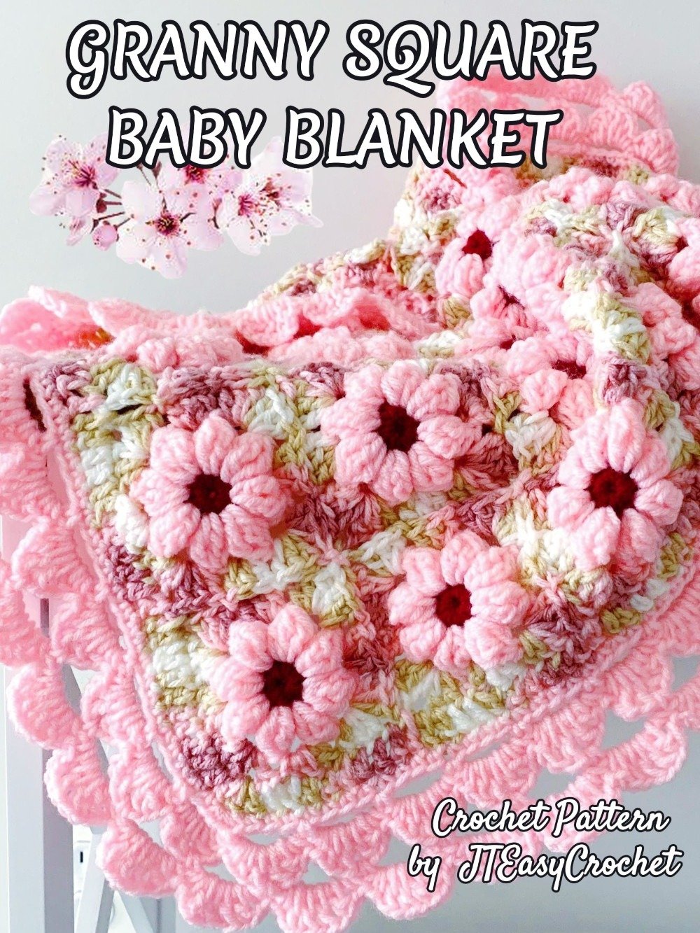 Cherry Blossom Baby Blanket Crochet Pattern, Textured 3D Floral Granny Squares Couch Throw product image (4)