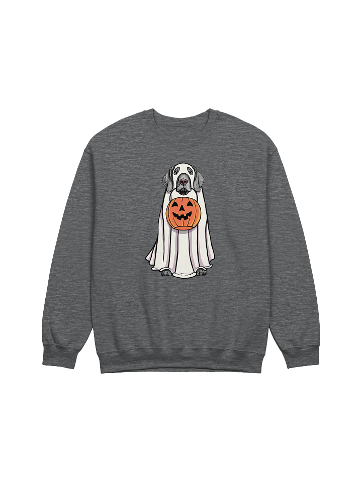 Funny Halloween Weimaraner Sweatshirt | Funny Weimaraner Wearing a Ghost Costume and Holding a Pumpkin Basket product image (1)