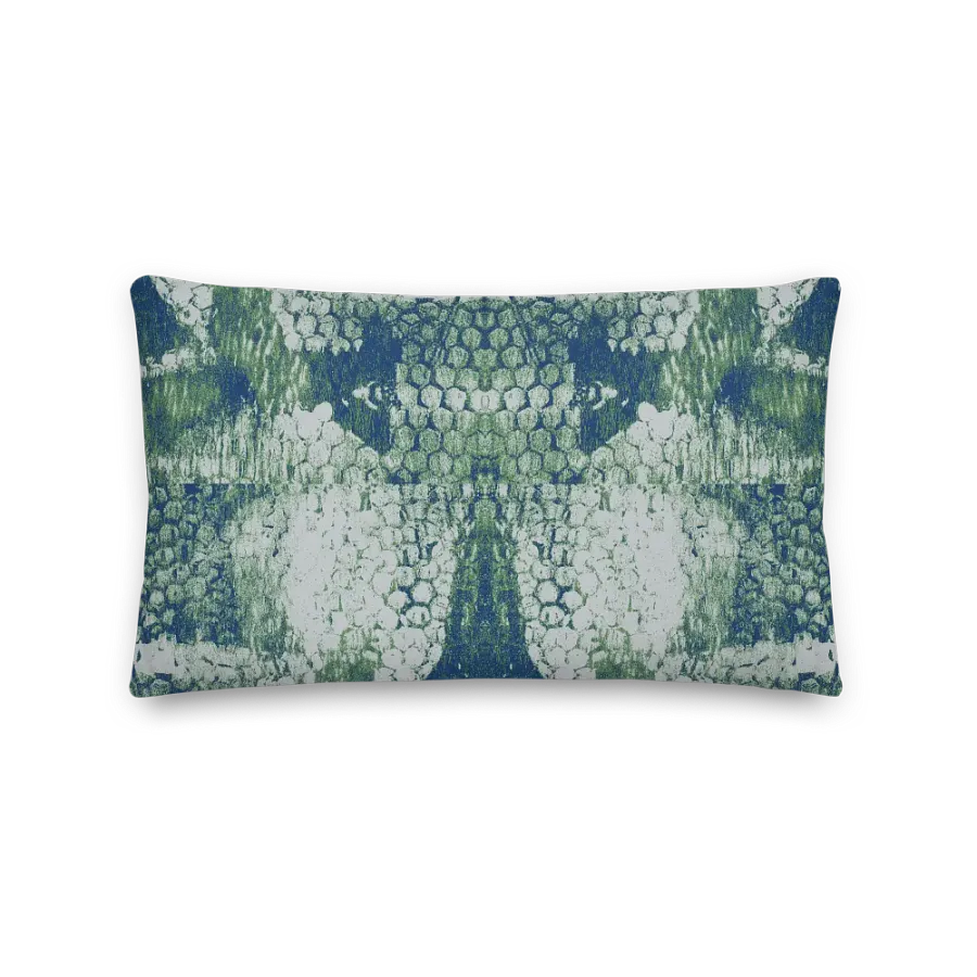 Honeycomb Grunge Throw Pillow in Mossy Green and Deep Blue on Bright Sand product image (2)