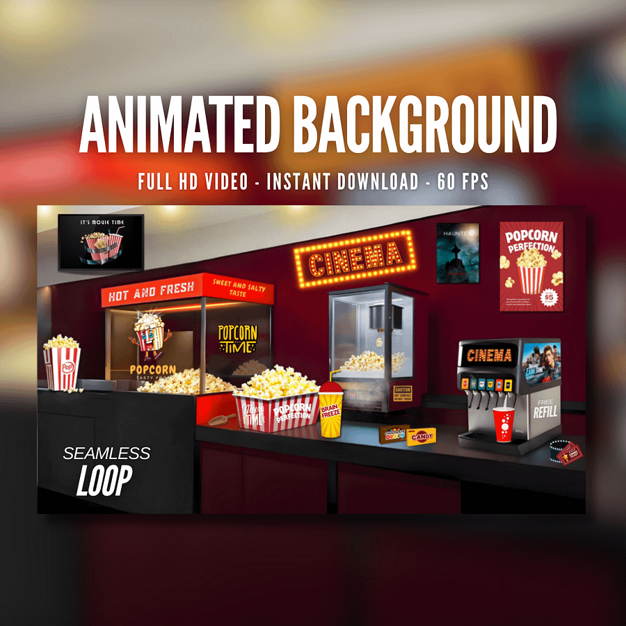 Animated Background | Cinema Snacks Counter | Movie Night Vibes | Popcorn Machine | Stream, Zoom, & Vtuber Live Wallpaper | AB4 product image (1)