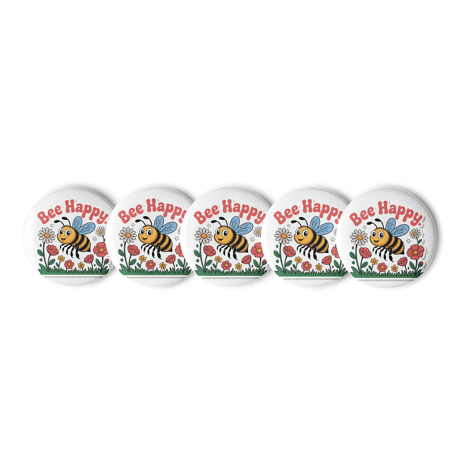 Set of 5 'Bee Happy' Pin Buttons - Whimsical Bee and Flower Design product image (1)