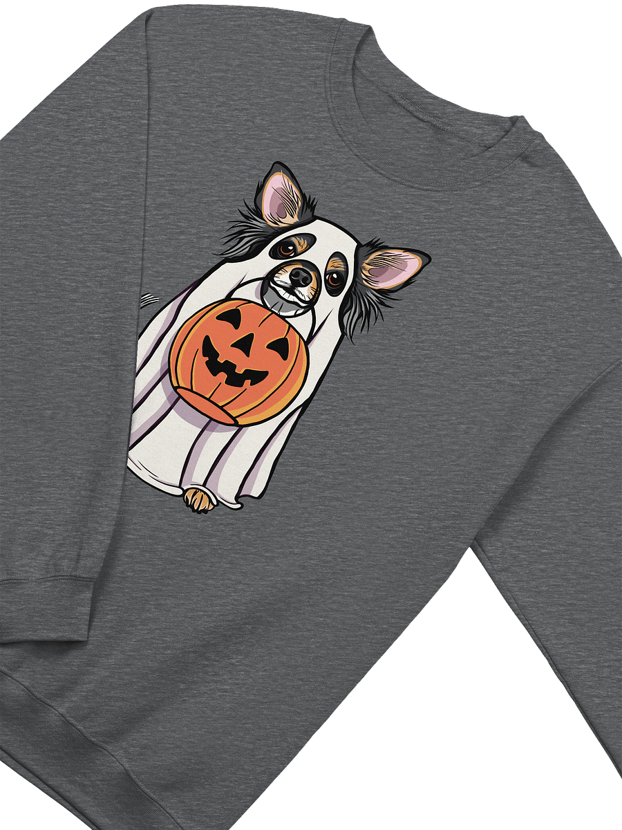Funny Halloween Longhaired Chihuahua(Tricolor) Sweatshirt | Funny Chihuahua Wearing a Ghost Costume and Holding a Pumpkin Basket product image (4)