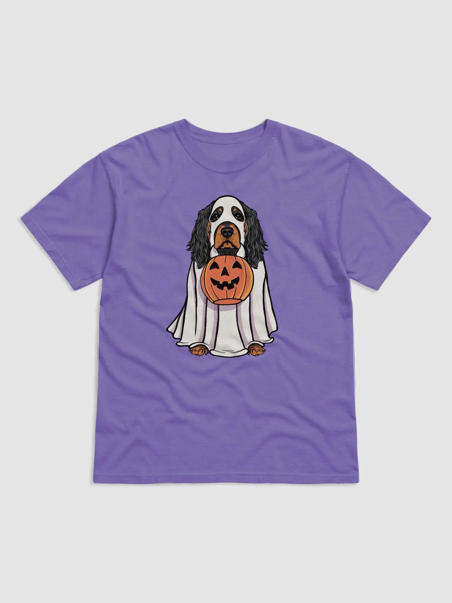 Funny Halloween Cocker Spaniel(Black & Tan) T-Shirt | Funny Cocker Spaniel Wearing a Ghost Costume and Holding a Pumpkin Basket product image (23)