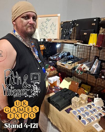 All set up for day 1 of UK Games Expo!

Find me in Hall 4, stand 121, and pick up dice storage, leather bags, get a belt made...