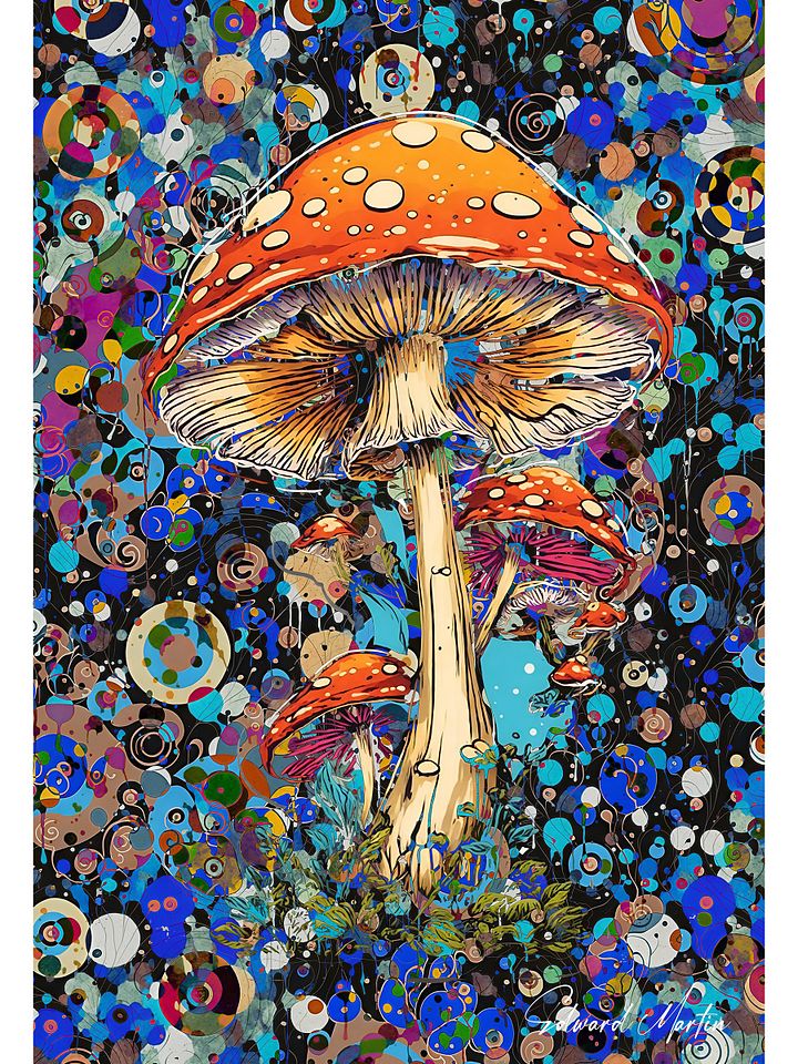 'Mystic Journey' by Edward Martin: Mixed Media Collage:Vibrant Mushroom Fantasy Poster product image (1)