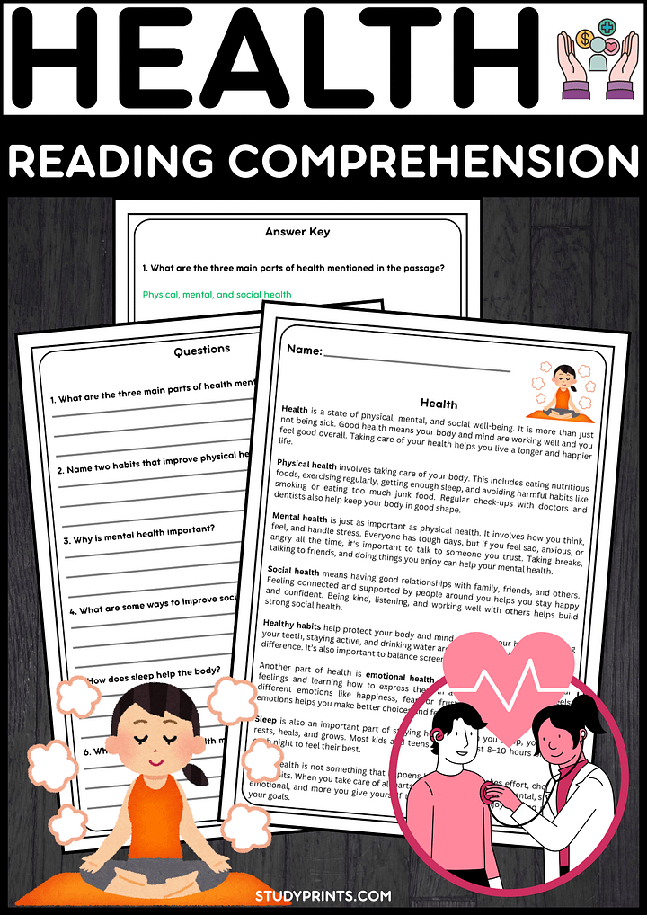 Health Reading Comprehension Passages & Questions Printable product image (1)
