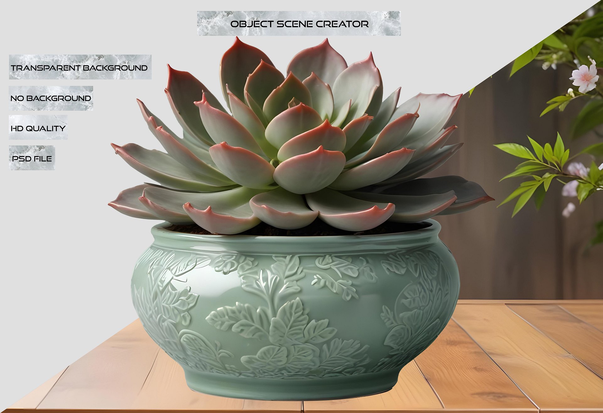 Mint Green Chinese Porcelain Pot with Floral Embossed Design PNG product image (2)
