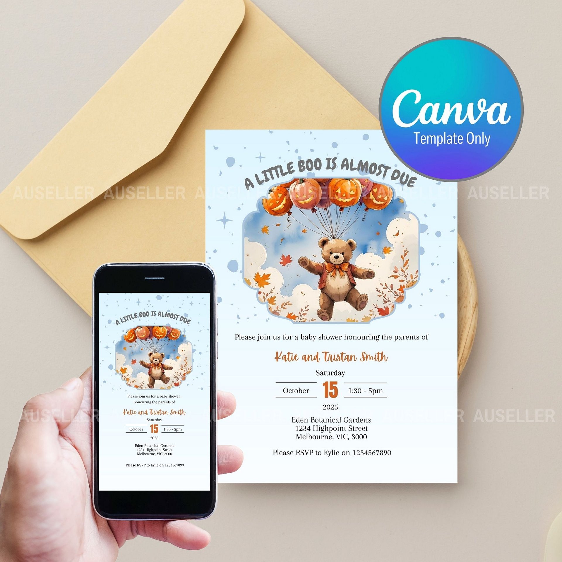 Teddy Bear In Sky With Pumpkin Balloons Halloween Baby Shower Invitation product image (1)