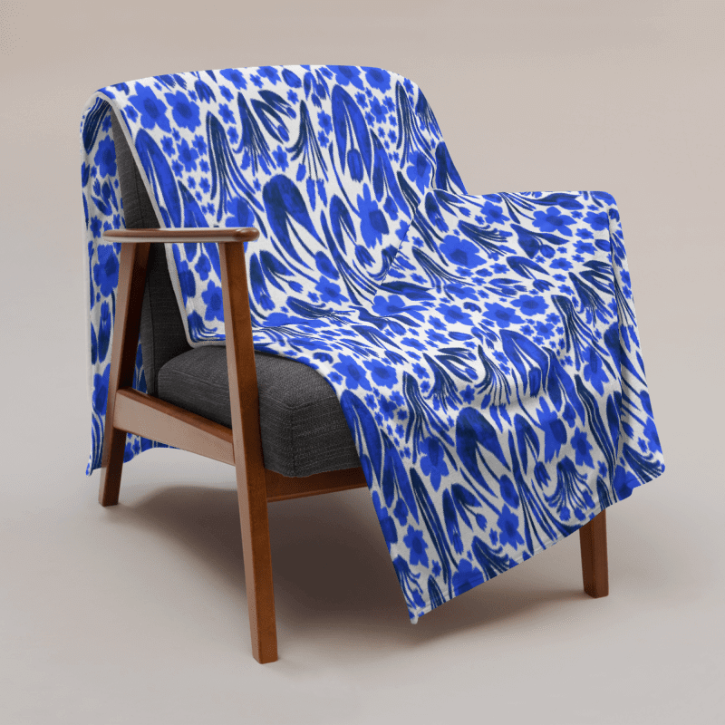 Spring Garden in Royal Blue on White – Elegant Floral Throw Blanket product image (9)