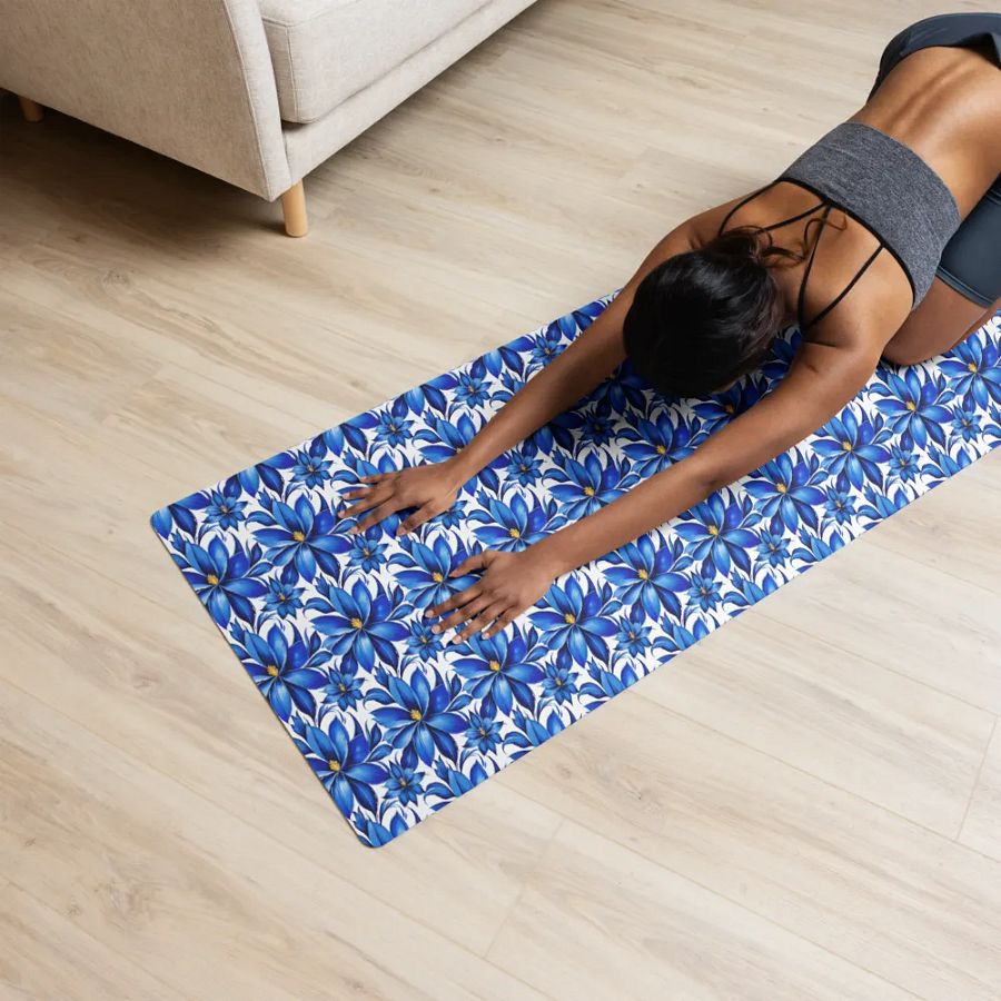 Yoga Mat with Painted Blue Flowers on White product image (1)