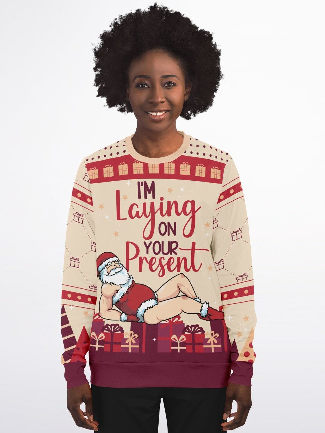 Naughty Santa Christmas Sweatshirt "I’m Laying On Your Present" | Funny Holiday Sweater for Parties | Playful & Festive Gift for Men & Women product image (3)