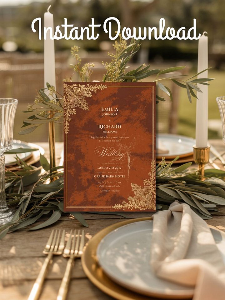 Editable Vintage Wedding Invitations | Edit in Canva | Instant Download Template | Rustic Brown Gold Terracotta product image (2)