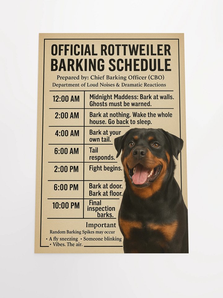 OFFICIAL ROTTWEILER BARKING SCHEDULE. Poster product image (1)