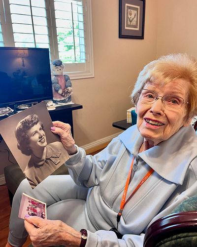 Happy 94th Birthday to my Mom Lois Fisher! 🎂💕🎉. She is holding a photo of her when she graduated college.