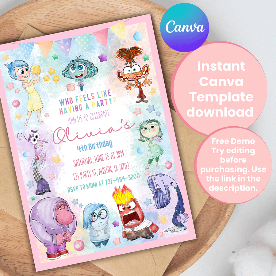 Editable Canva Template: Inside Out 2 Emotions Adventure Birthday Invitation - Joyful Inside Out Theme product image (1)