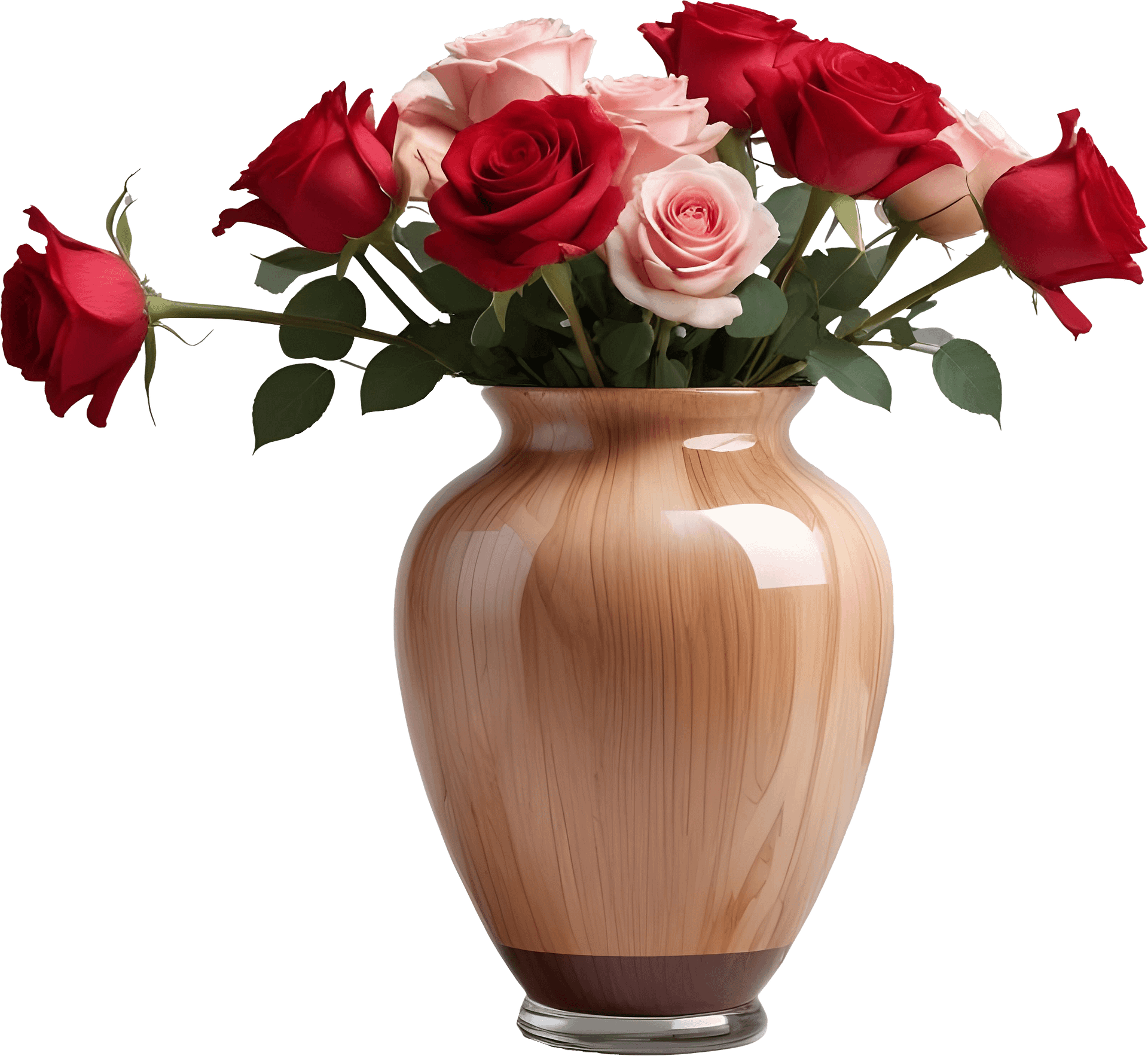Polished Wood-Effect Vase with Red and Pink Roses PNG product image (1)