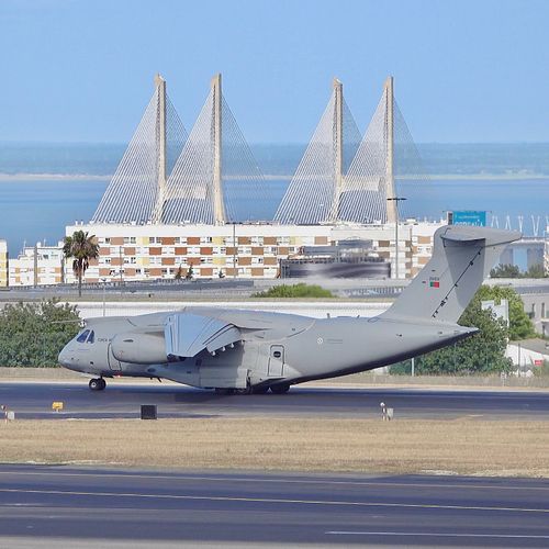 Embraer KC-390 of Portuguese Air Force with Vasco da Gama bridge in the background at Lisbon International Airport. Operated ...