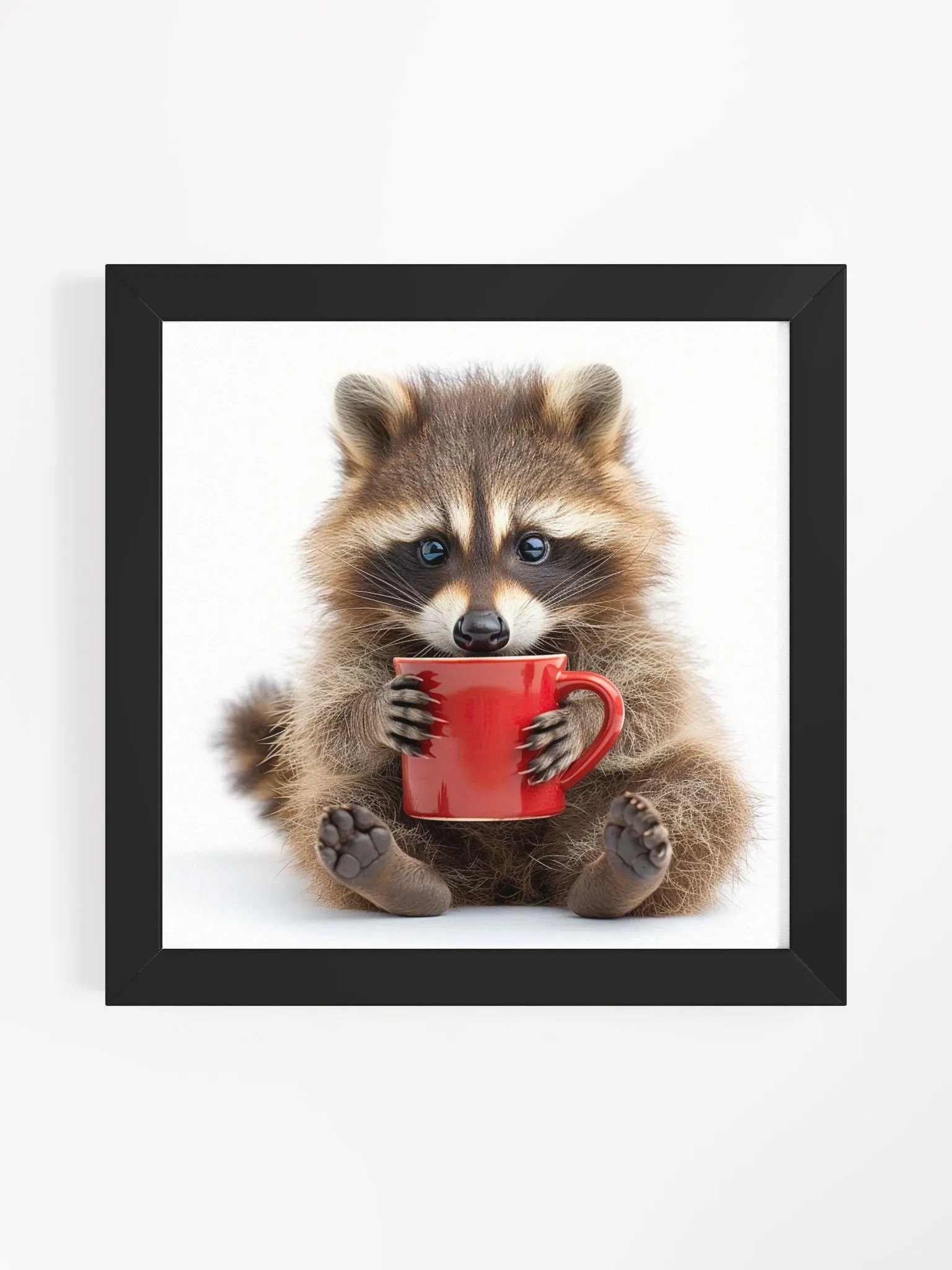 Coffee Lover Cute Baby Racoon Framed Wall Art product image (1)