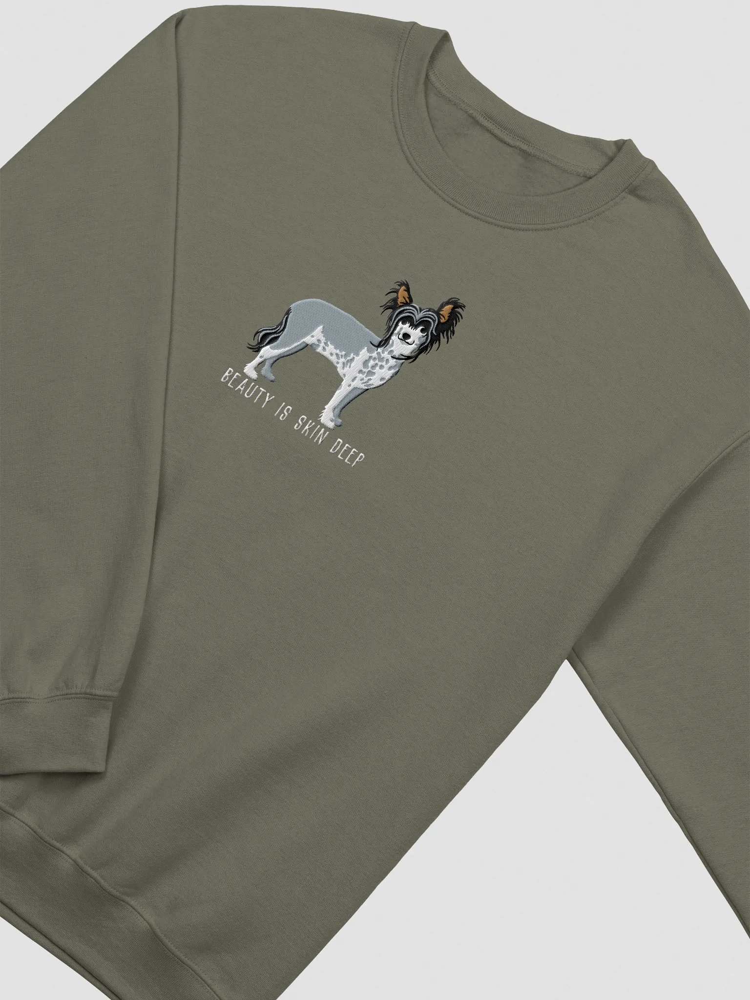 Beauty Is Skin Deep Sweatshirt (Embroidered) of a Chinese Crested Dog(Black) product image (6)