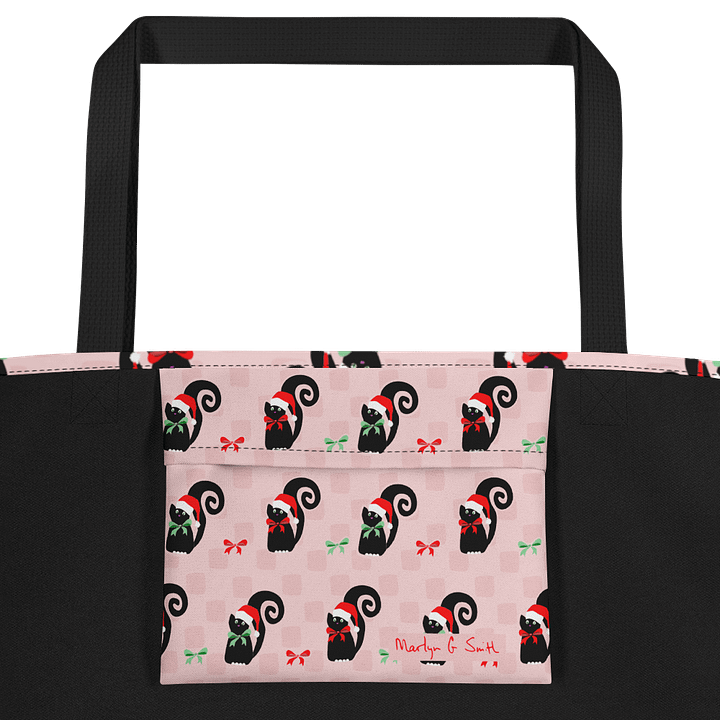 Black Christmas Kitties On Pink Checkerboard – Large Tote Bag product image (2)