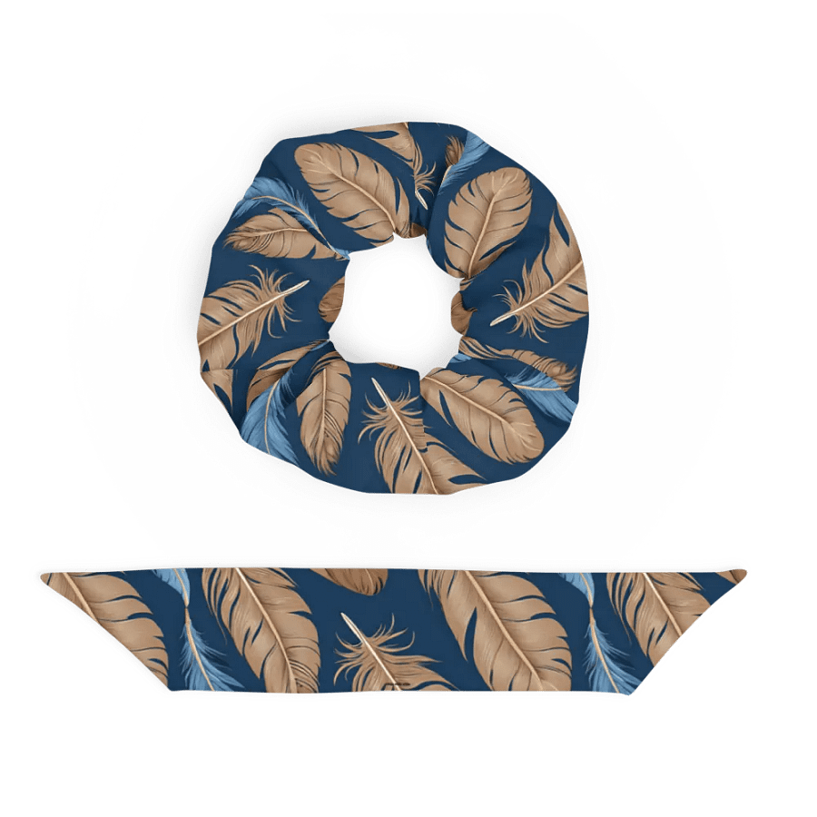 Hair Scrunchie - Blue and Brown Feathers on Blue Background product image (5)