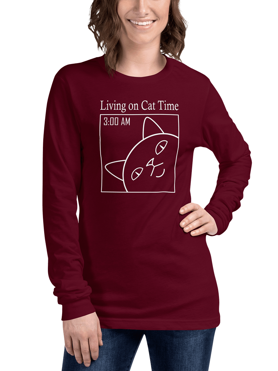 Living on Cat Time Unisex Long Sleeve Tee, White Print product image (3)
