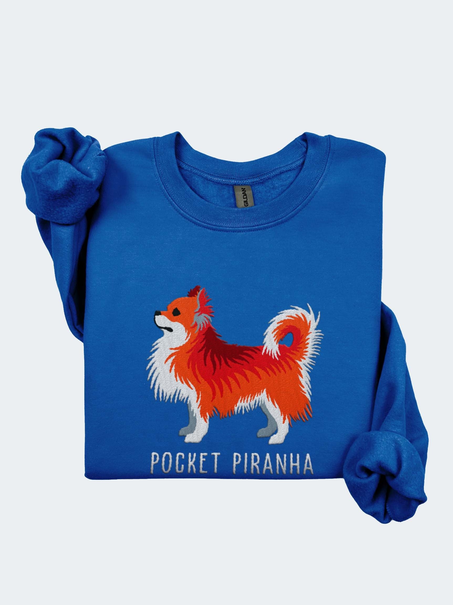 Pocket Piranha Sweatshirt (Embroidered) of a Longhaired Chihuahua(Red) product image (1)