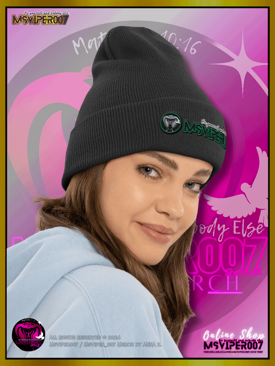 Cuffed Beanie [ Embroidered Design(s) ] - "MsViper_007™ Brand [green/blk/V1] - Support&Sport" Stylish Beanie by Anna H. product image (4)