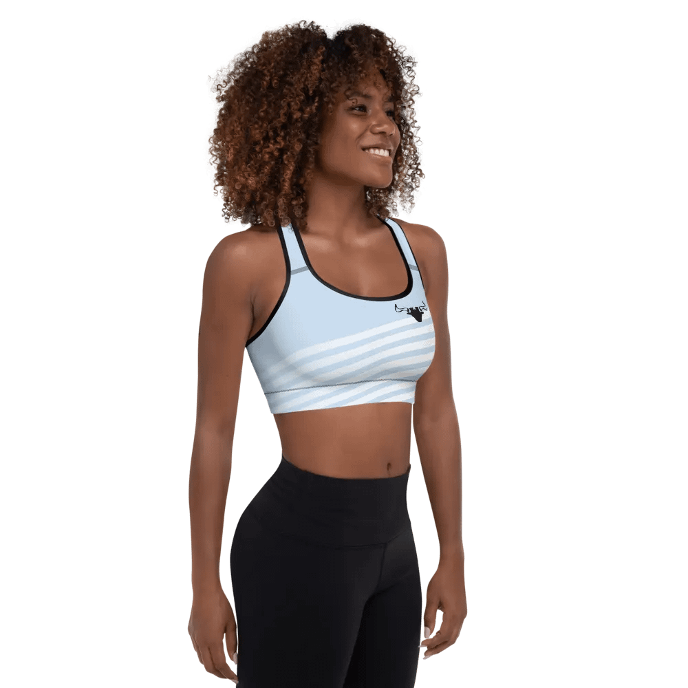 Bull's horns design with Background fill abstract blue stripes -All-Over Print Padded Sports Bra. product image (3)